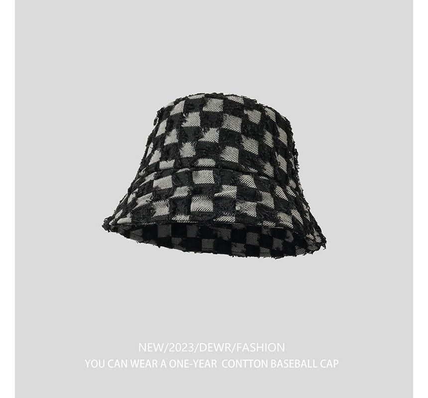 Hat Denim Checker Bucket Fringed