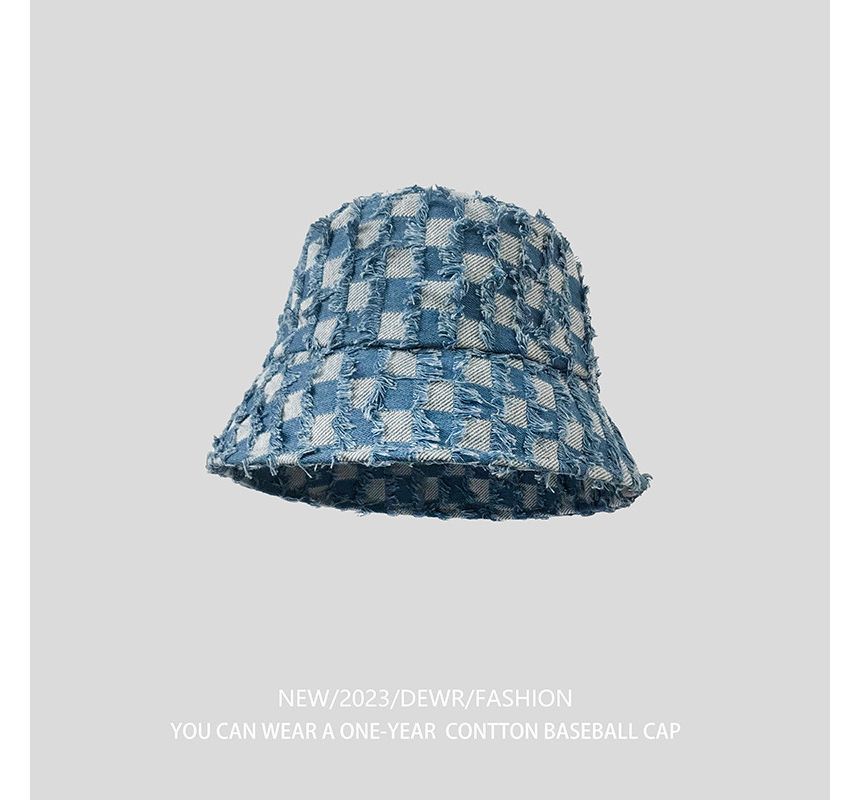 Hat Denim Checker Bucket Fringed