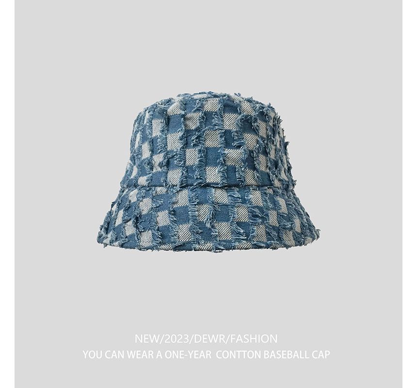 Hat Denim Checker Bucket Fringed