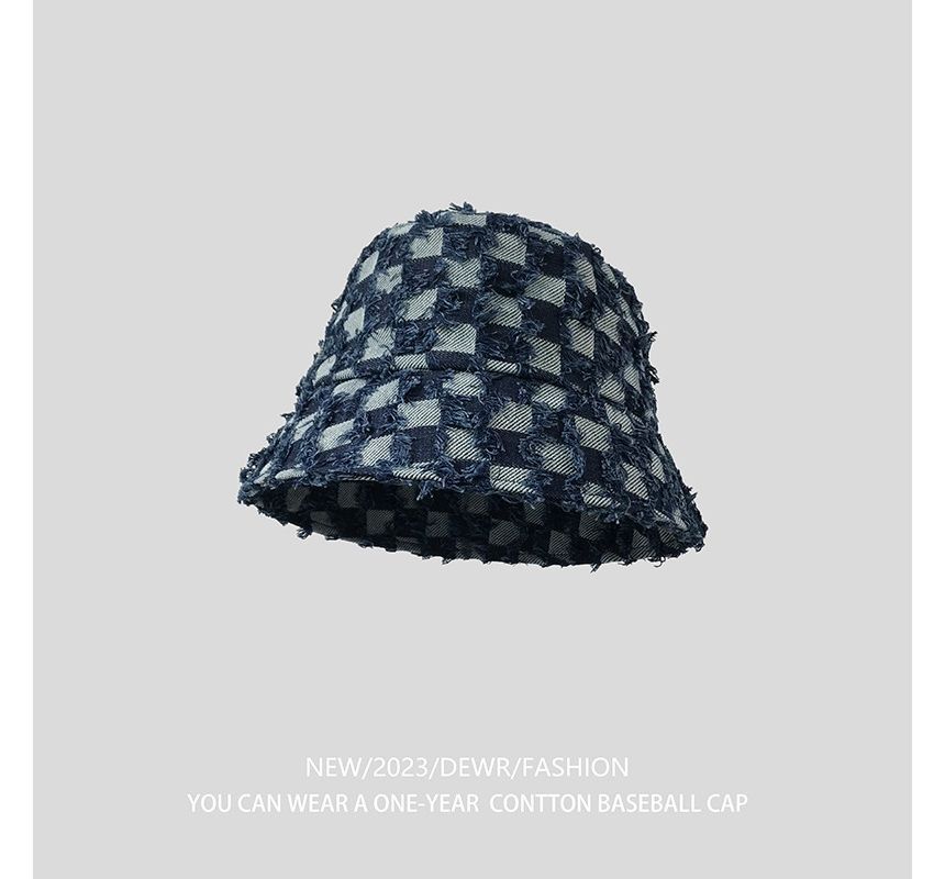 Hat Denim Checker Bucket Fringed