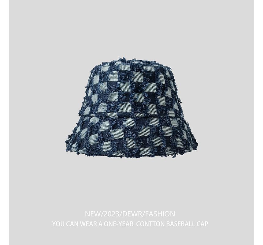 Hat Denim Checker Bucket Fringed