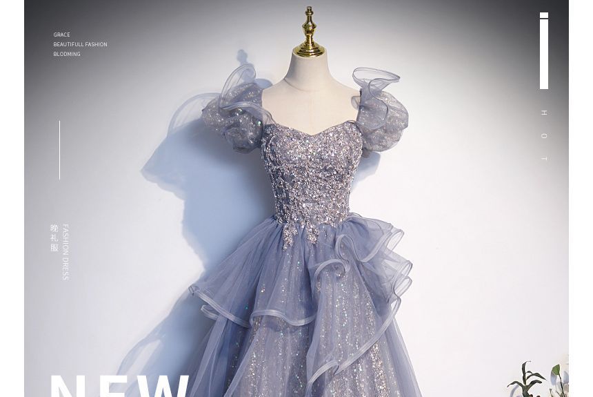 Gown Sleeve Sequin Neck Mesh Puff A-Line Panel Evening Square Ruffle