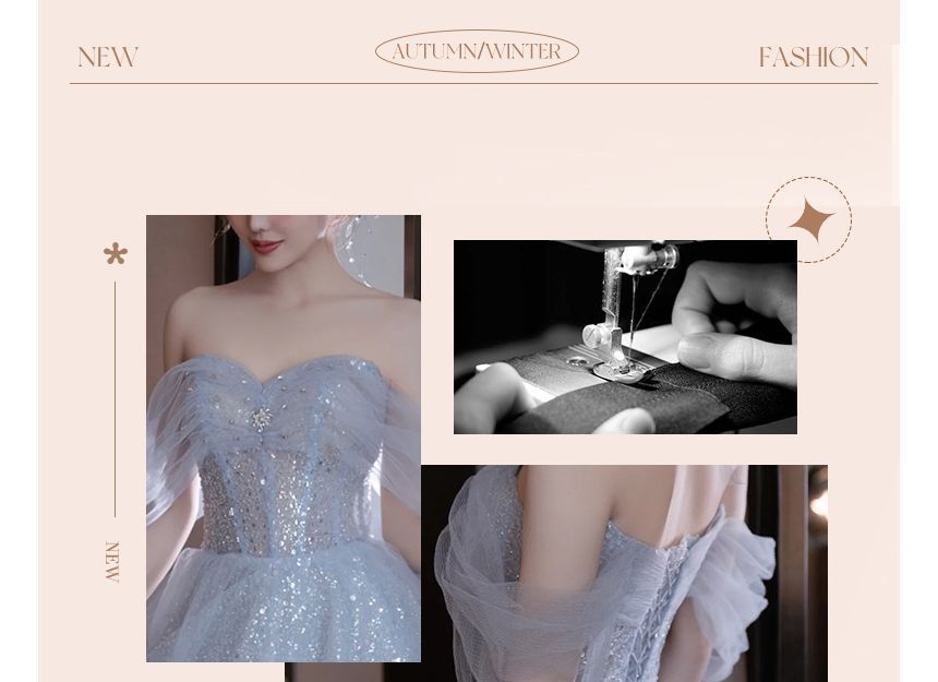 Glitter Midi A-Line Cold Evening Gown Shoulder