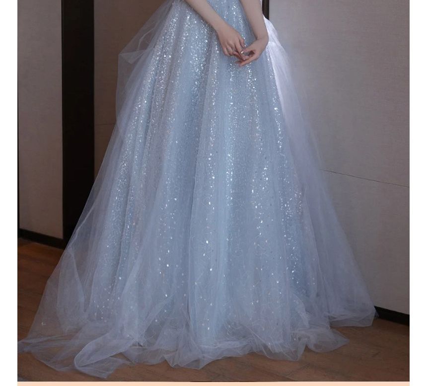 Midi Shoulder Glitter Evening Cold A-Line Gown