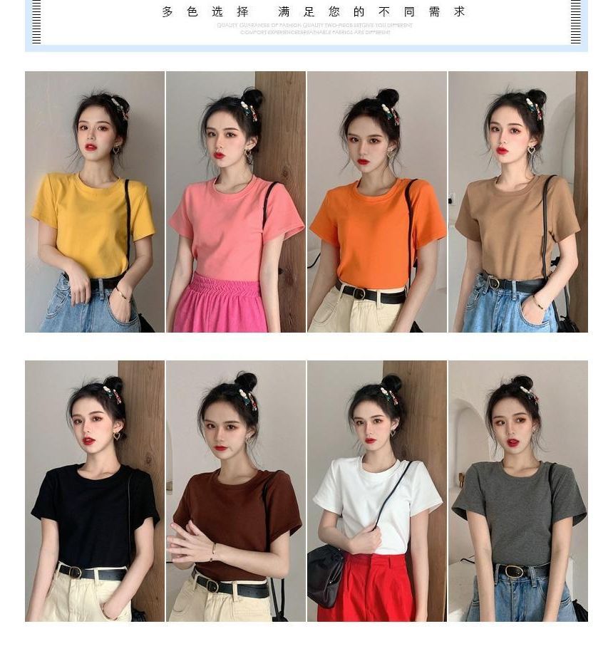 Plain Neck Short-Sleeve Round Tee