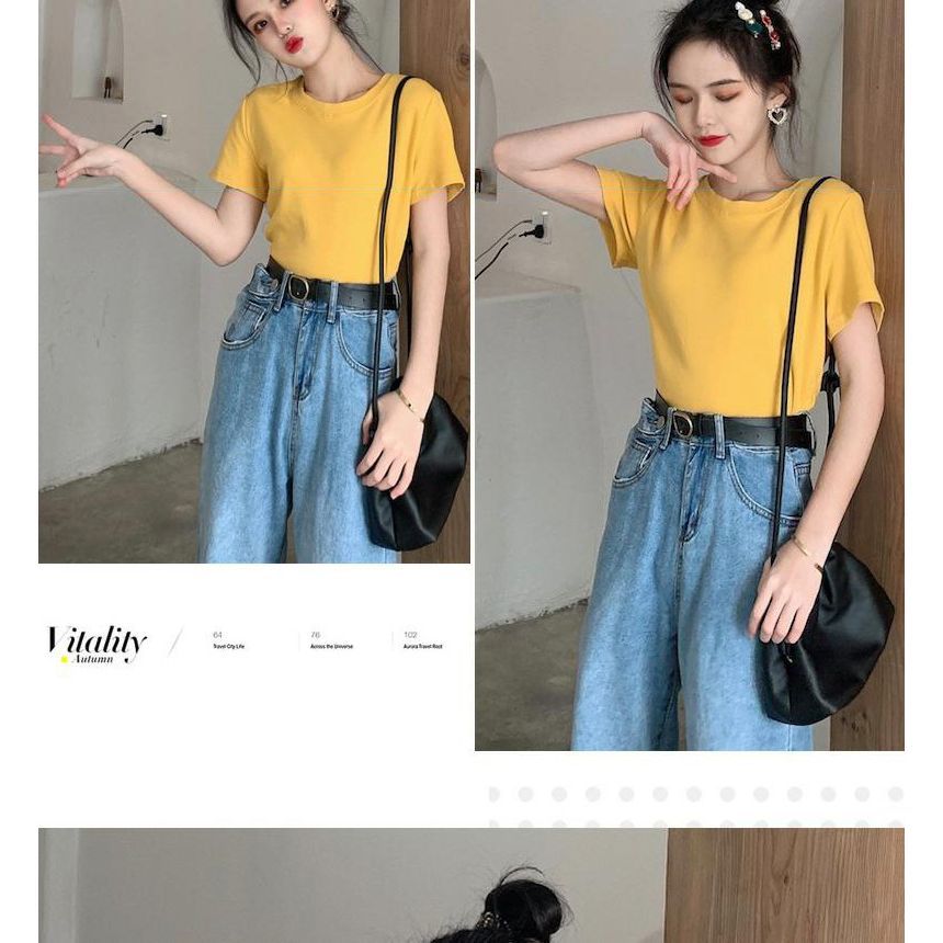 Plain Neck Short-Sleeve Round Tee