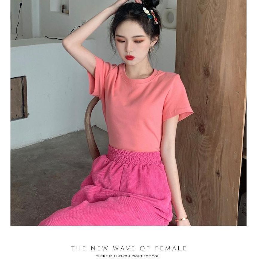 Plain Neck Short-Sleeve Round Tee