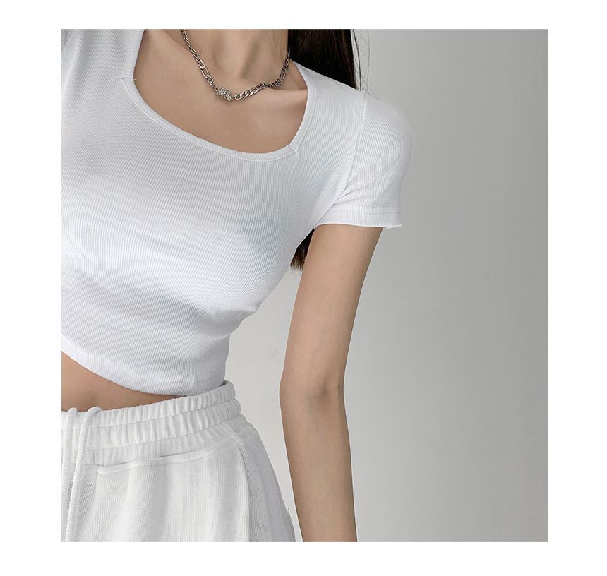 Plain T-Shirt Short-Sleeve Asymmetrical Neck Square Cropped