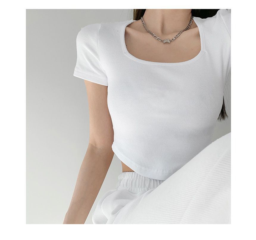 Plain T-Shirt Short-Sleeve Asymmetrical Neck Square Cropped