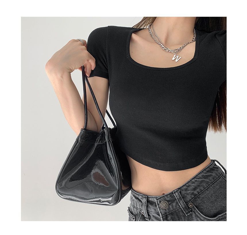 Plain T-Shirt Short-Sleeve Asymmetrical Neck Square Cropped