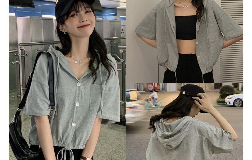 Cropped Hooded Tee Plain Short-Sleeve Button-Up