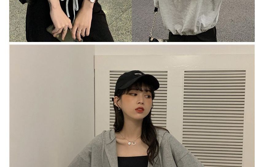 Cropped Hooded Tee Plain Short-Sleeve Button-Up