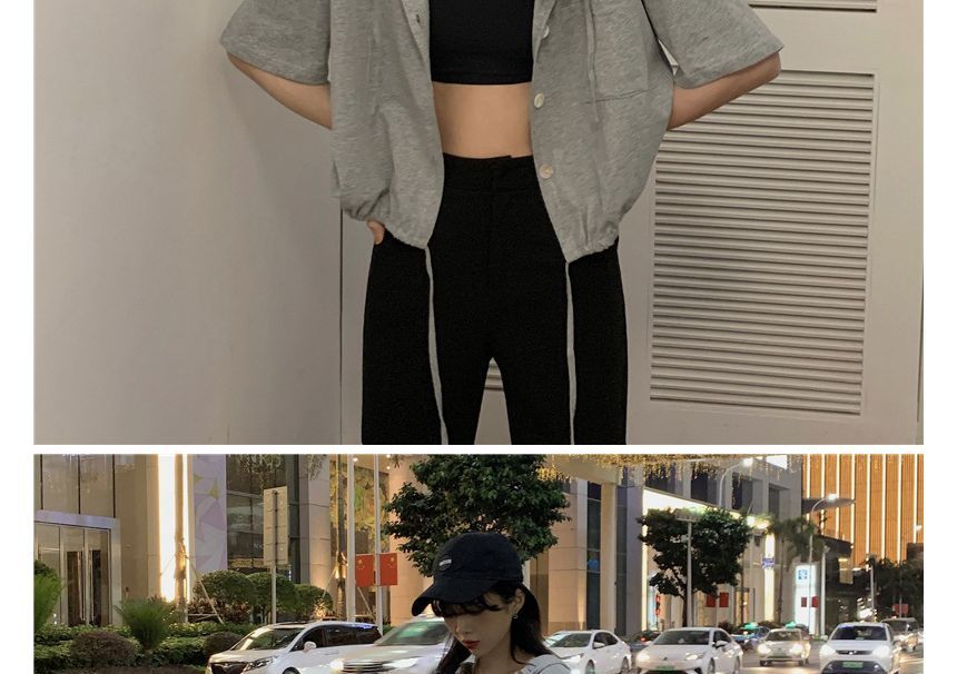 Cropped Hooded Tee Plain Short-Sleeve Button-Up