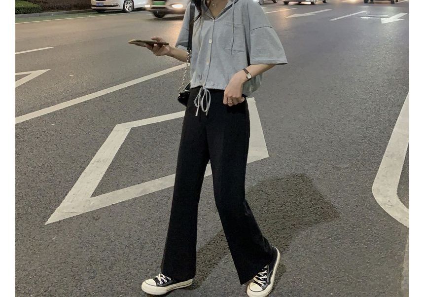 Cropped Hooded Tee Plain Short-Sleeve Button-Up