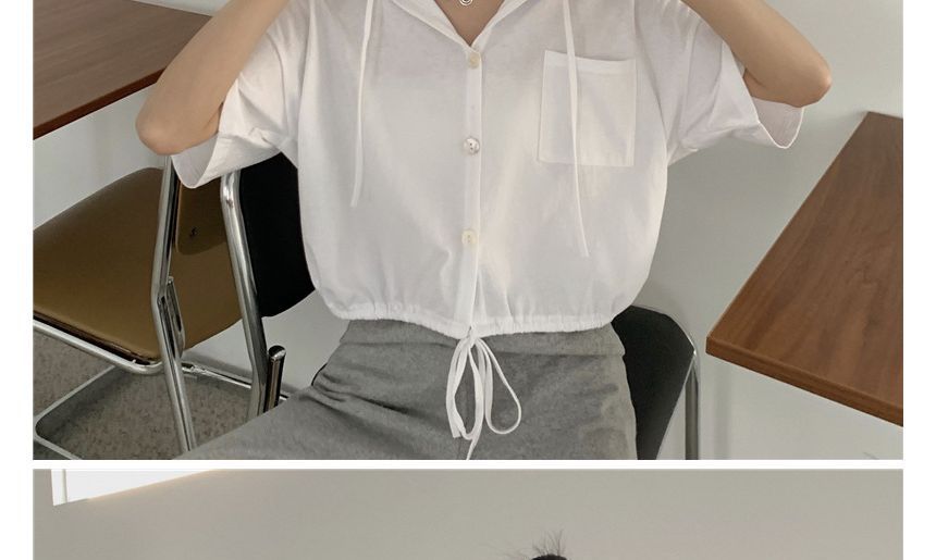 Cropped Hooded Tee Plain Short-Sleeve Button-Up