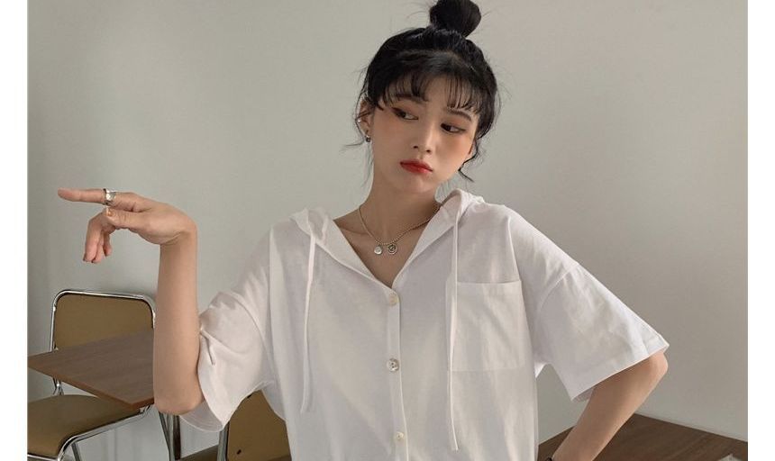 Cropped Hooded Tee Plain Short-Sleeve Button-Up