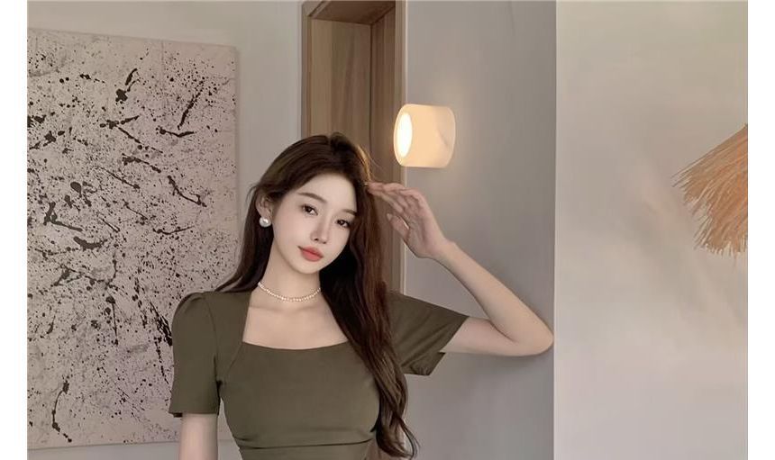 Square Short-Sleeve A-Line Dress Neck Mini Plain