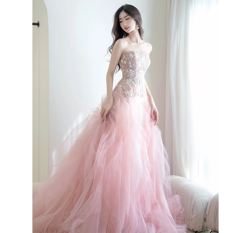 Strapless A-Line Embroidered Panel Gown Mesh Evening Flower
