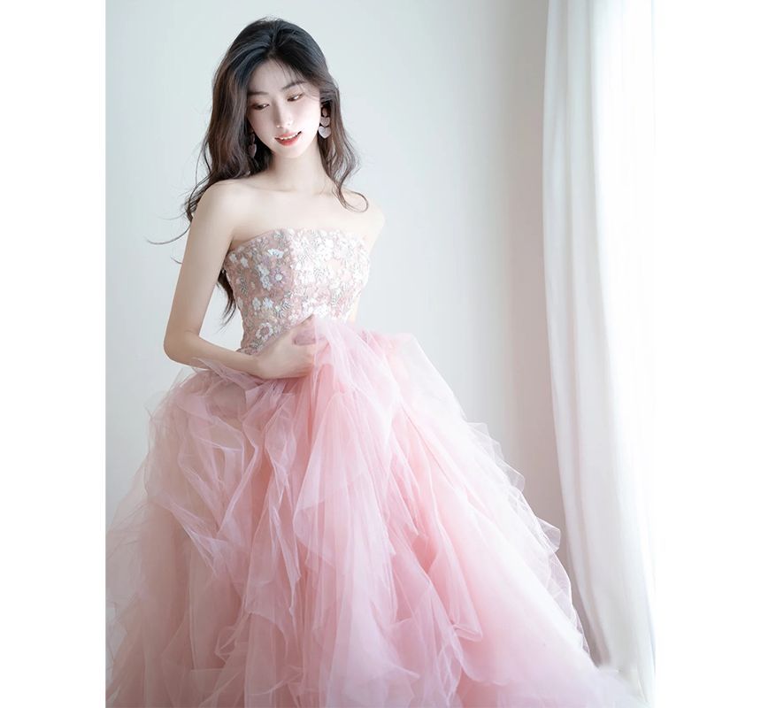 Strapless A-Line Embroidered Panel Gown Mesh Evening Flower