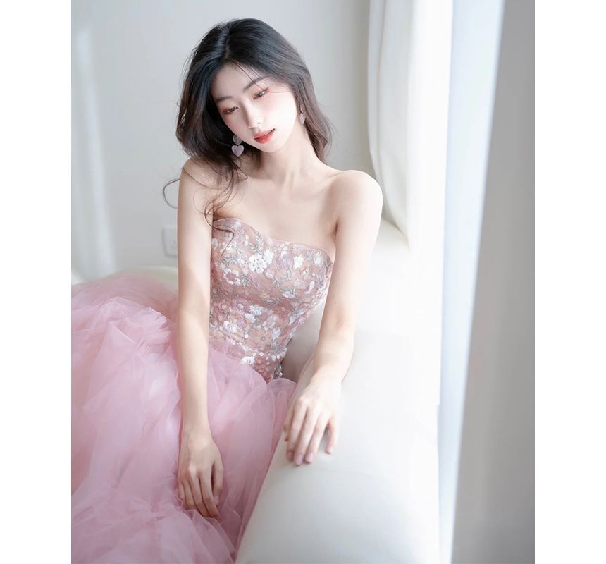 Strapless A-Line Embroidered Panel Gown Mesh Evening Flower