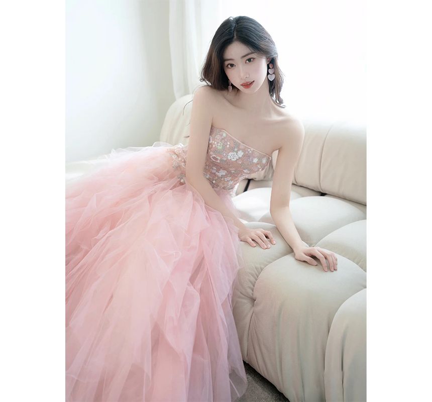 Strapless A-Line Embroidered Panel Gown Mesh Evening Flower