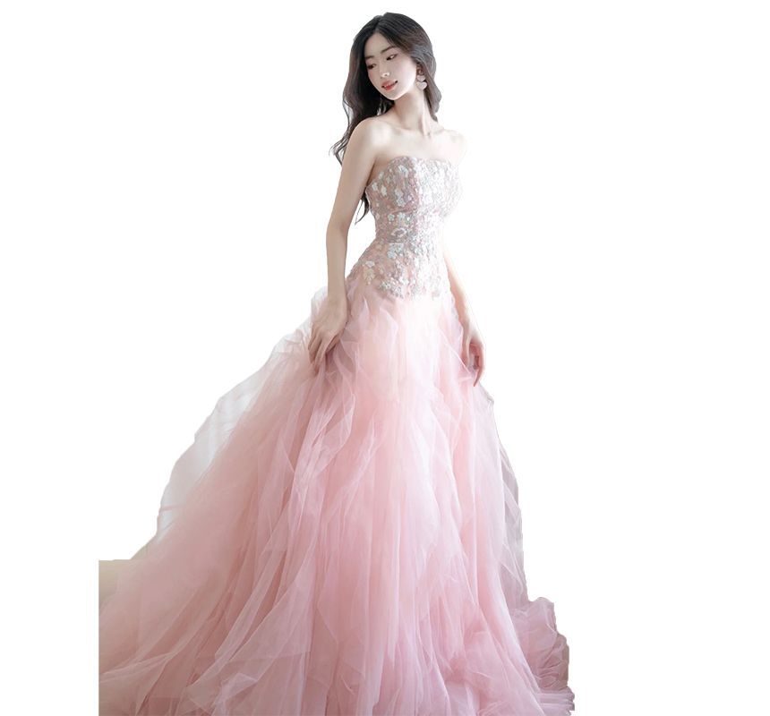 Strapless A-Line Embroidered Panel Gown Mesh Evening Flower