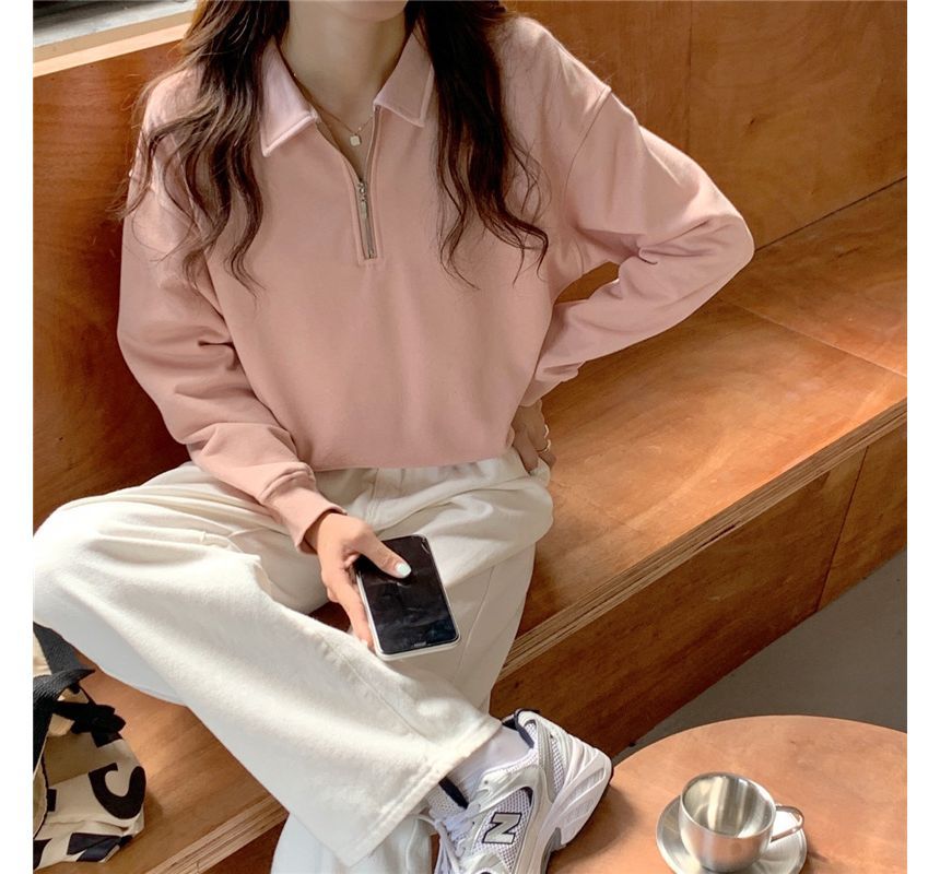 Plain Long-Sleeve Sweatshirt Polo-Neck Half-Zip