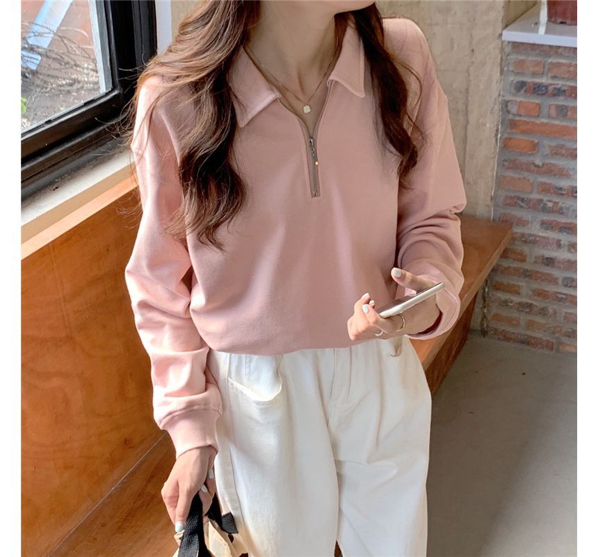 Plain Long-Sleeve Sweatshirt Polo-Neck Half-Zip