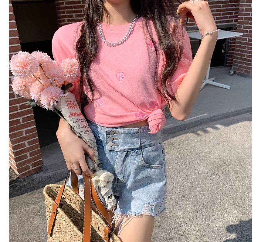 Embroidered Tee Heart Neck Round Short-Sleeve