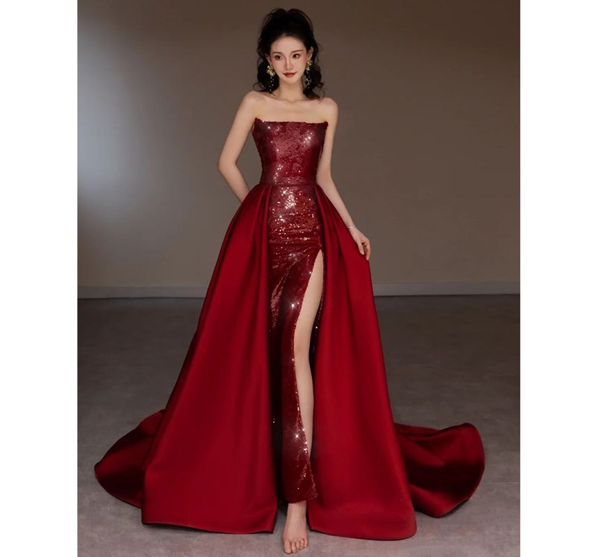 Evening Paneled Sequined Gown Strapless A-Line