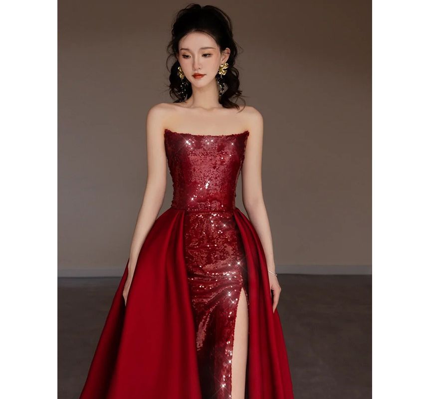Evening Paneled Sequined Gown Strapless A-Line