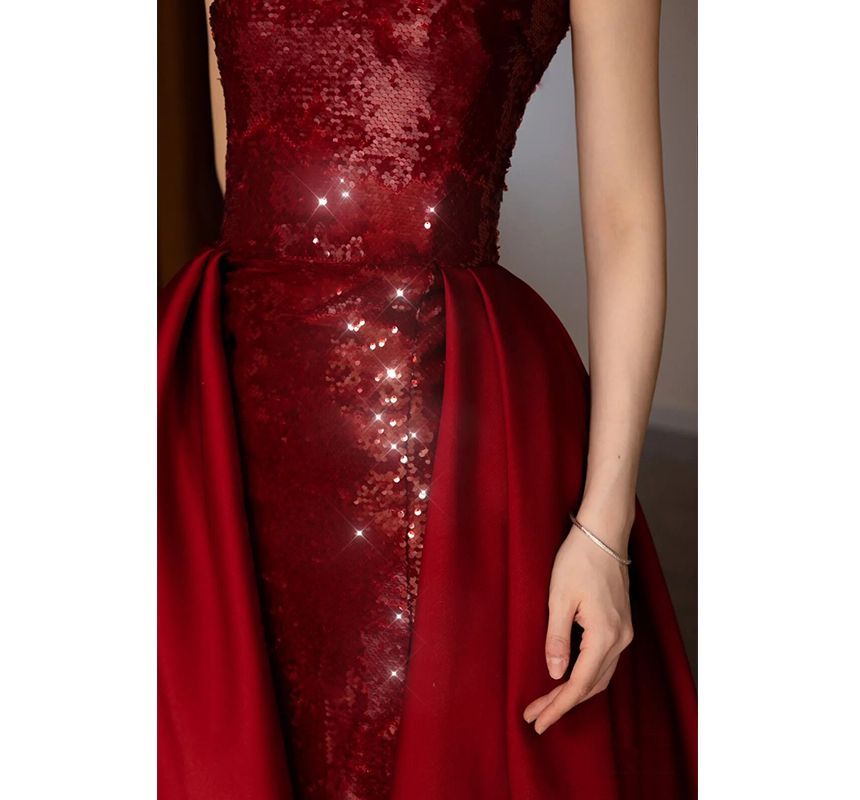 Evening Paneled Sequined Gown Strapless A-Line