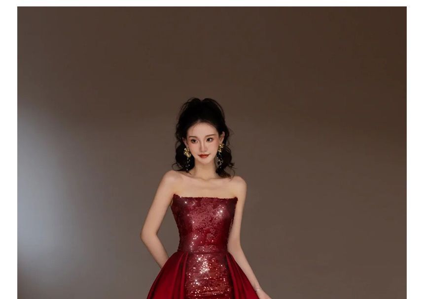 Evening Paneled Sequined Gown Strapless A-Line