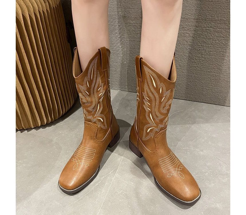 Embroidered Heel Boots Chunky Cowboy