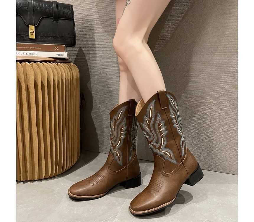 Embroidered Heel Boots Chunky Cowboy