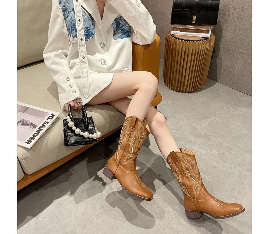 Embroidered Heel Boots Chunky Cowboy