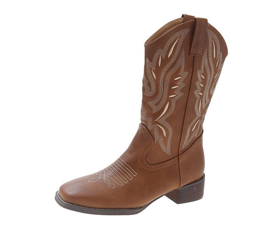 Embroidered Heel Boots Chunky Cowboy