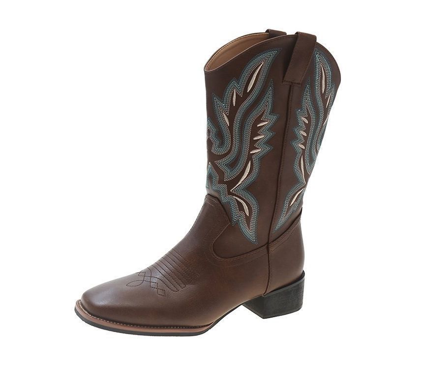 Embroidered Heel Boots Chunky Cowboy