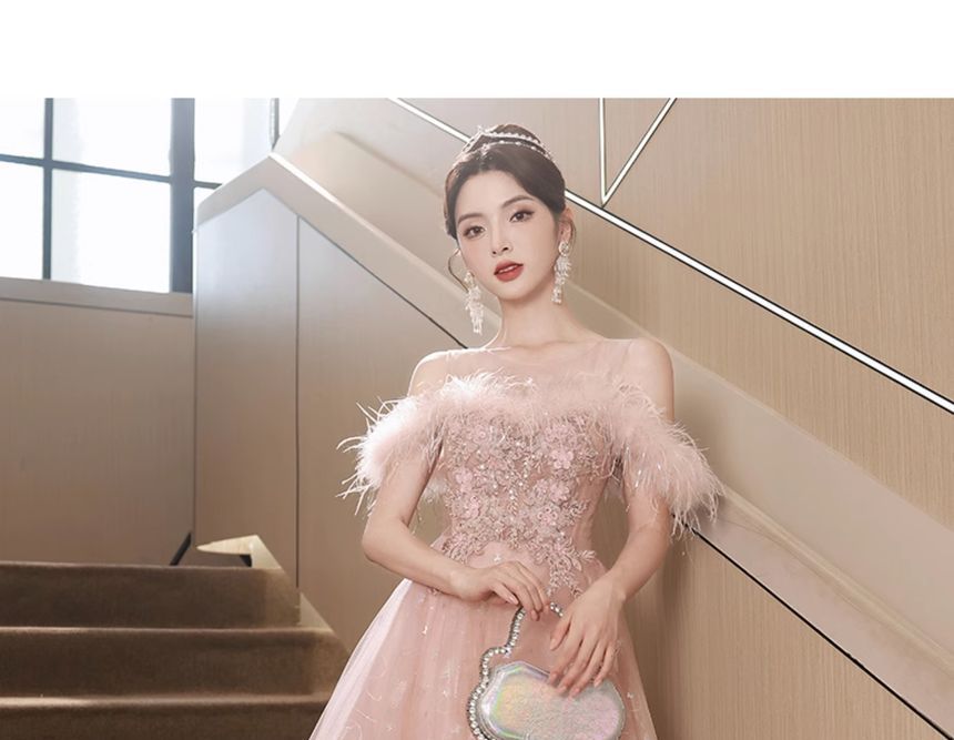 A-Line Fluffy Mesh Evening Gown