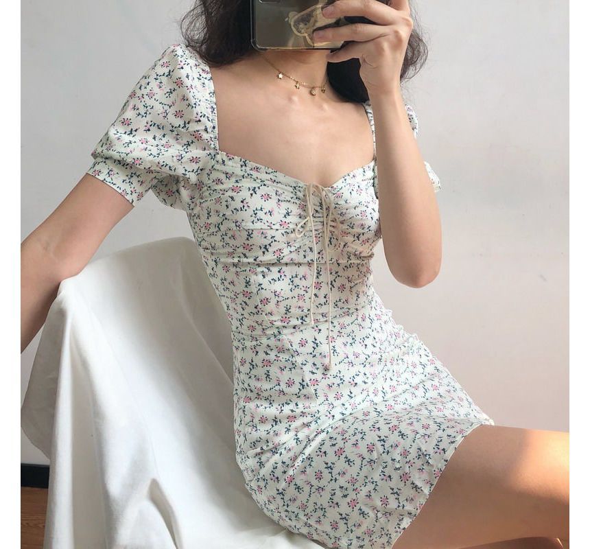 Floral Mini Short-Sleeve Dress Sheath