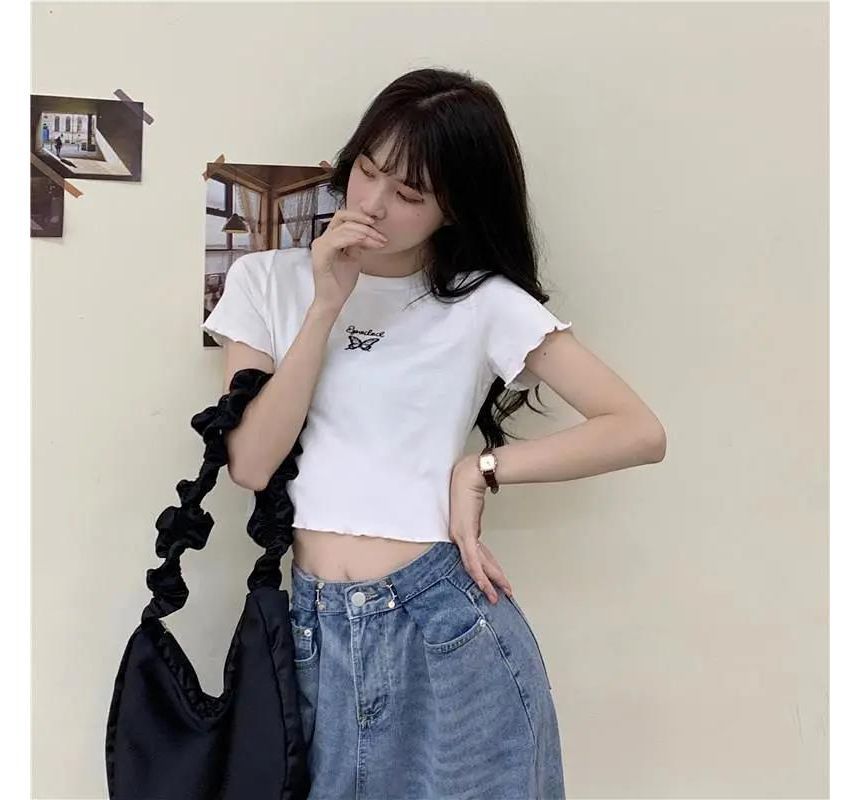 Lettuce Short-Sleeve Neck Crew T-Shirt Butterfly Embroidered Crop Edge