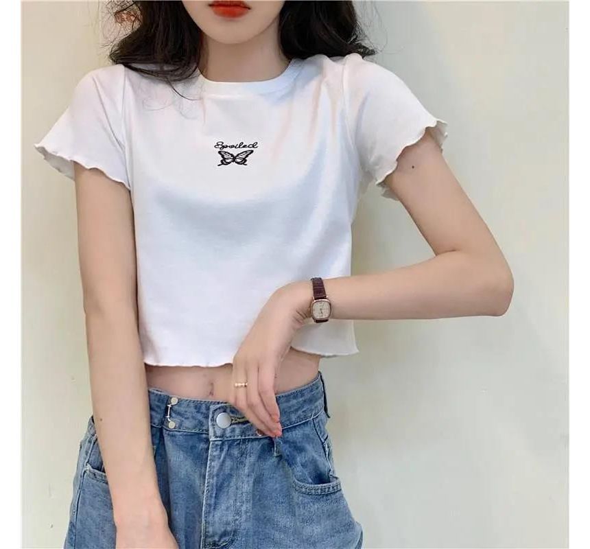 Lettuce Short-Sleeve Neck Crew T-Shirt Butterfly Embroidered Crop Edge