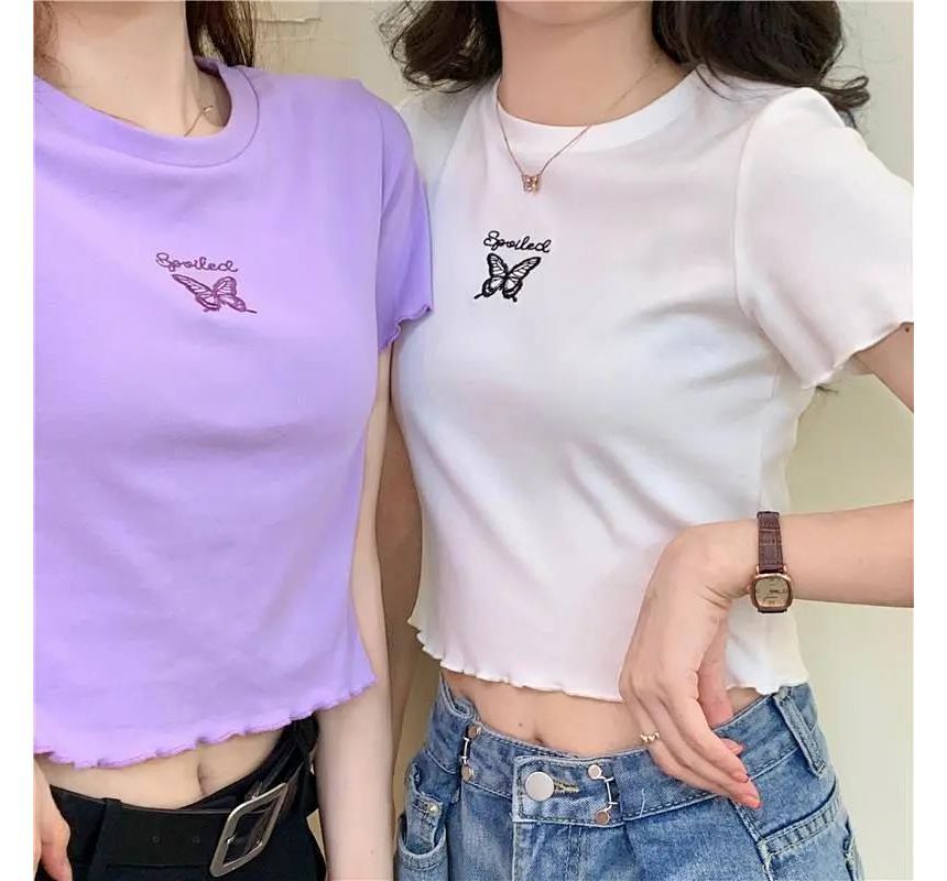 Lettuce Short-Sleeve Neck Crew T-Shirt Butterfly Embroidered Crop Edge
