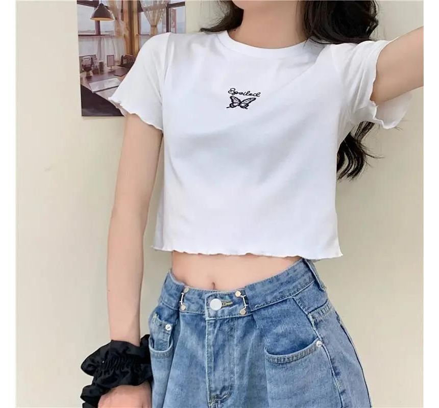 Lettuce Short-Sleeve Neck Crew T-Shirt Butterfly Embroidered Crop Edge