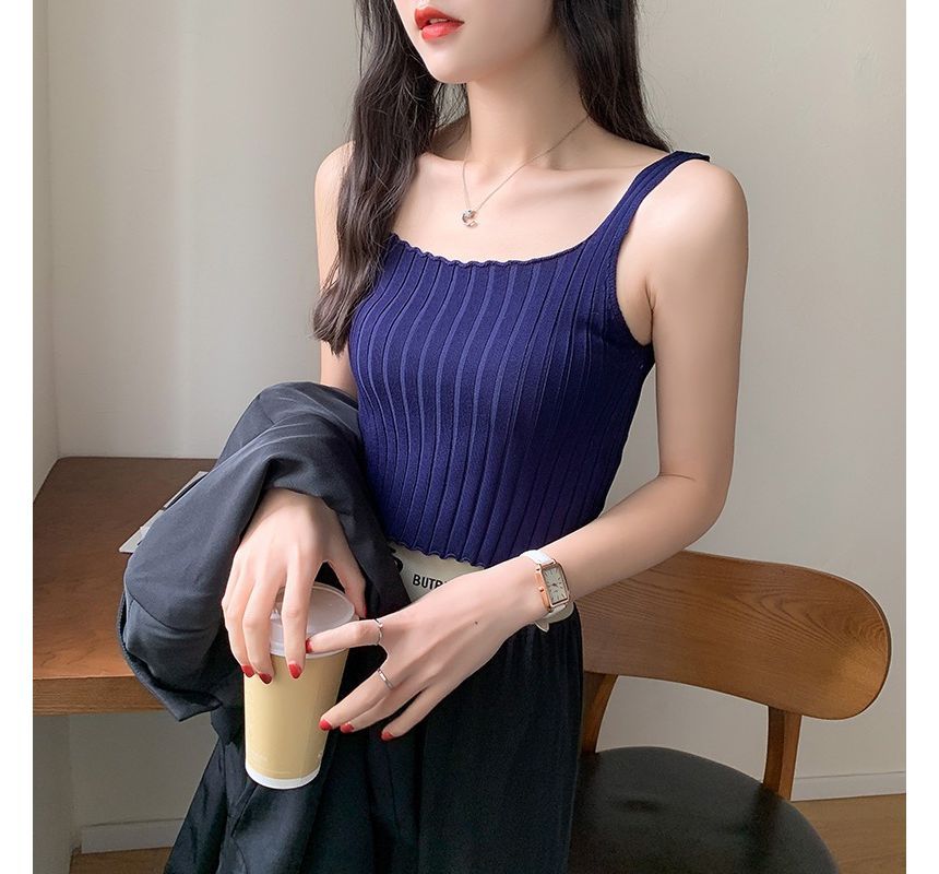 Plain Tank Crop Neck Top Knit Square Ribbed