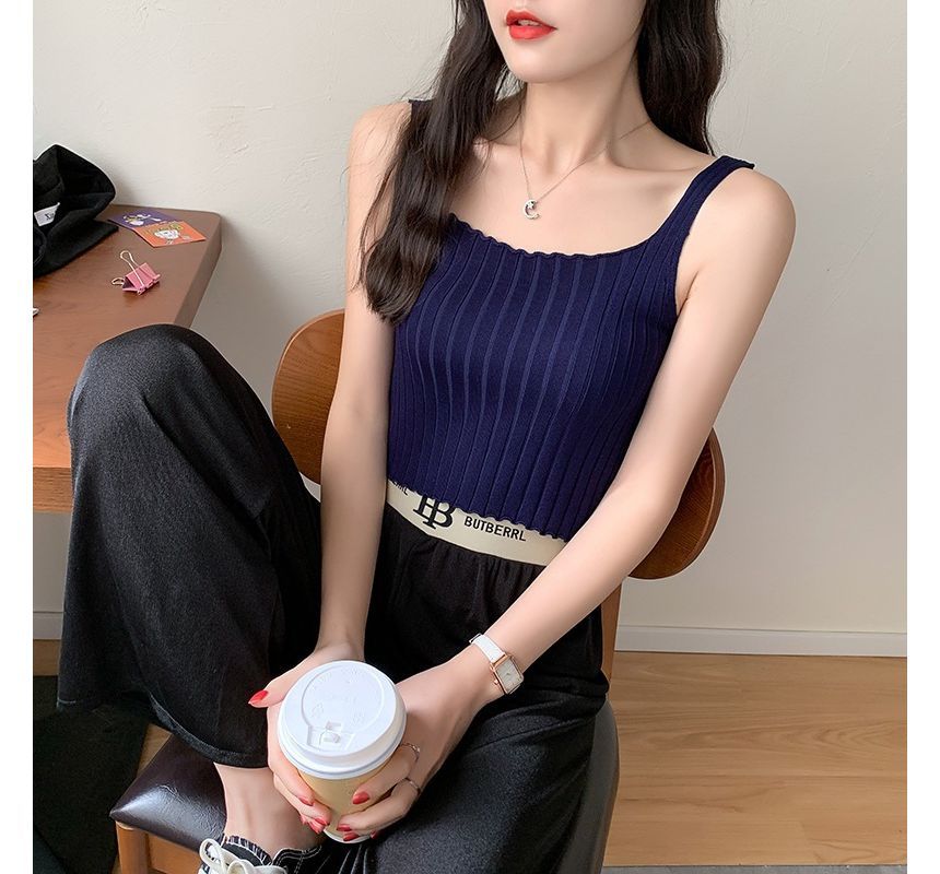 Plain Tank Crop Neck Top Knit Square Ribbed