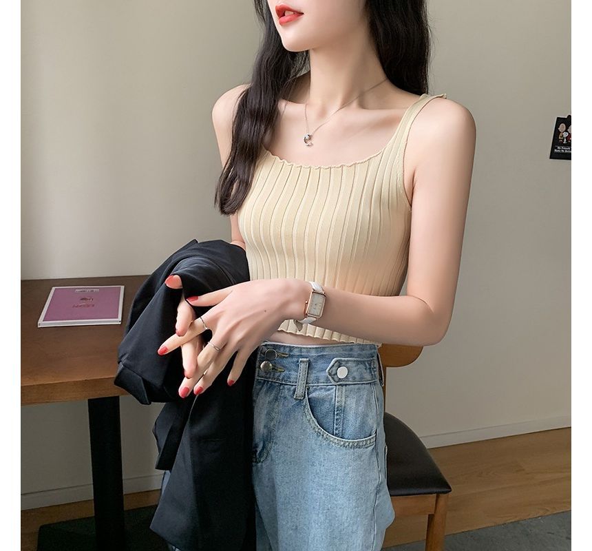 Plain Tank Crop Neck Top Knit Square Ribbed