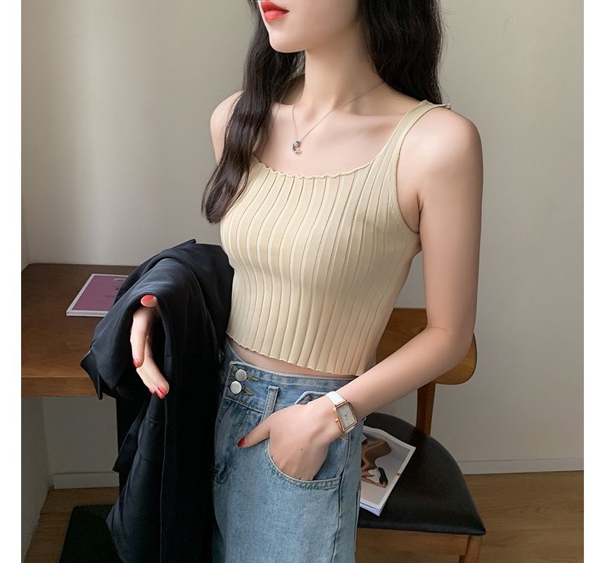 Plain Tank Crop Neck Top Knit Square Ribbed