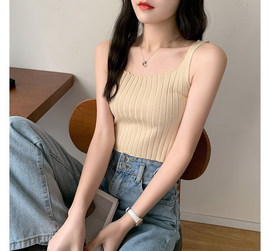 Plain Tank Crop Neck Top Knit Square Ribbed