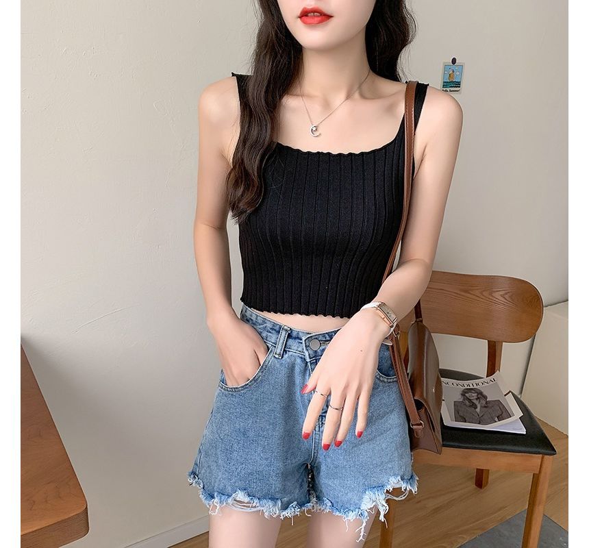 Plain Tank Crop Neck Top Knit Square Ribbed